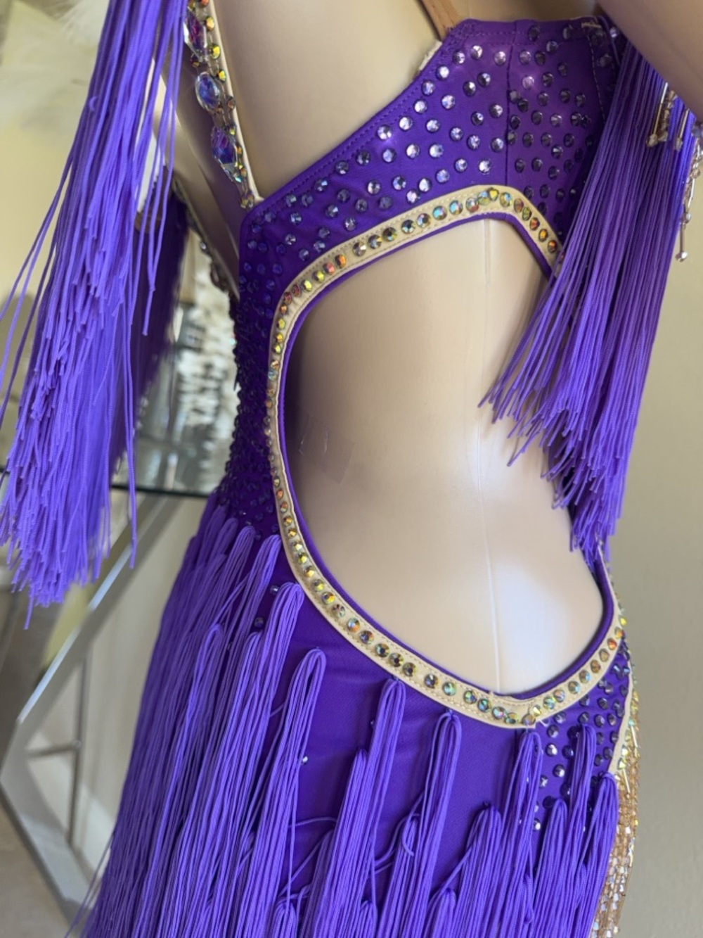 Purple Fringe & Gold Rhinestones Sequin Latin Dance Dress - Picture 9 of 10